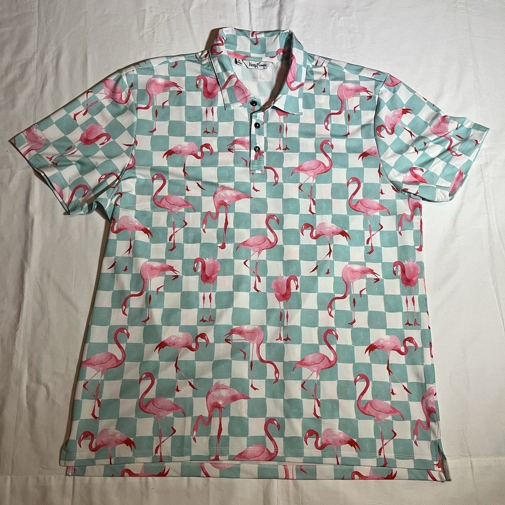 Kenny Flowers Flamingo Checkered Polo Shirt Short Sleeve White Green Everyday XL